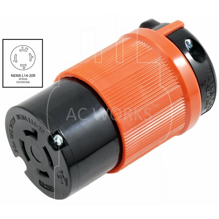 Ac Works NEMA L14-20R 20A 125/250V 4-Prong Locking Female Connector UL C-UL Approval in Orange ASL1420R